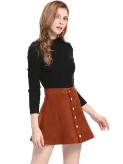 Allegra K Women's Faux Suede Button Closure A-Line High Waisted Flared Mini Short Skirt