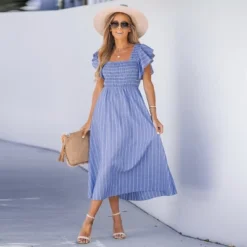 Women's Pinstriped Smocked Midi Dress - Cupshe