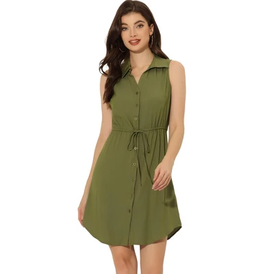 Allegra K Women's Collar Button Down Tie Waist Above Knee Chambray Shirt Dress - Image 8