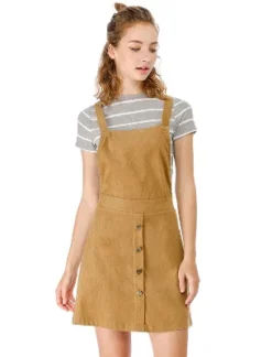Allegra K Women's Corduroy Button Front A-Line Bib Overall Pinafore Skirts