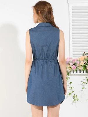 Allegra K Women's Collar Button Down Tie Waist Above Knee Chambray Shirt Dress - Image 4