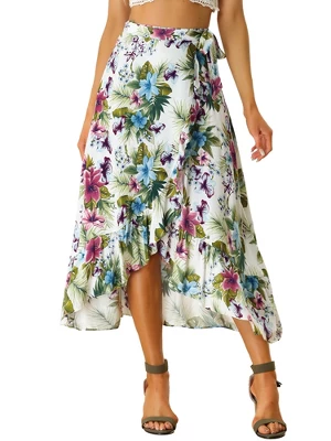 Allegra K Women's Tropical Floral Print Ruffle Self Tie Knot Split Beach Wrap Midi Skirt - Image 5