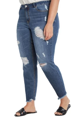 ELOQUII Women’s Plus Size Classic Fit Distressed Boyfriend Jean
