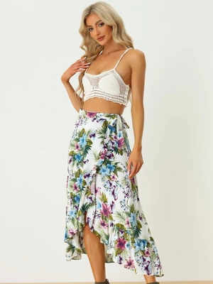 Allegra K Women's Tropical Floral Print Ruffle Self Tie Knot Split Beach Wrap Midi Skirt