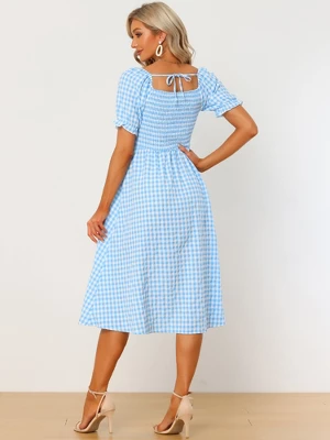 Allegra K Women's Casual Smocked Front Tie Back Checks Gingham Midi Dresses - Image 2