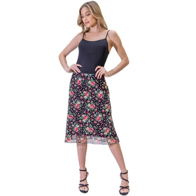 Womens Knee Length Elastic Waist Black Floral Pattern Skirt - Image 3
