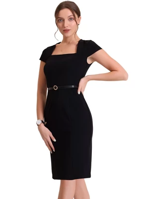 Allegra K Women's Vintage Cap Sleeve Belted Square Neck Sheath Dress - Image 5