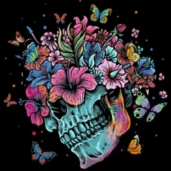 Junior's Design By Humans Floral Butterfly Skull Funny Halloween Costume Hippie Flower By JeilJersey T-Shirt