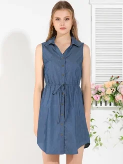 Allegra K Women's Collar Button Down Tie Waist Above Knee Chambray Shirt Dress