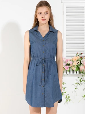 Allegra K Women's Collar Button Down Tie Waist Above Knee Chambray Shirt Dress