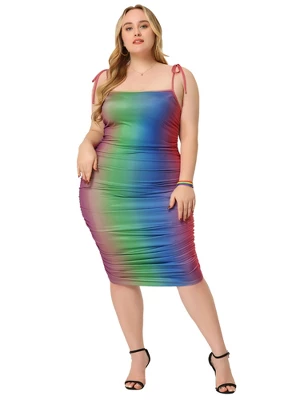 Agnes Orinda Women's Plus Size Rainbow Tie Shoulder Gathering Bodycon Midi Dress - Image 2