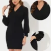 Allegra K Women's Elegant Lace Trim V Neck Lantern Sleeve Work Pencil Sheath Dress