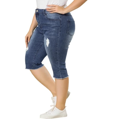 Agnes Orinda Women's Plus Size Capri Ripped Slash Pocket Raw Hem Denim Jeans - Image 6