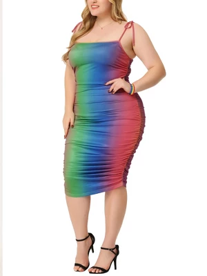 Agnes Orinda Women's Plus Size Rainbow Tie Shoulder Gathering Bodycon Midi Dress