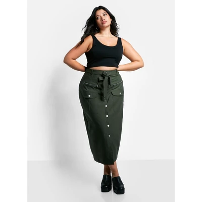 Rebdolls Women's Sierra Tie Belt Button Front Cargo Maxi Shift Skirt