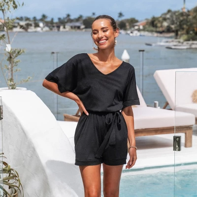 Women's Belted V-Neck Romper - Cupshe