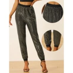 Allegra K Sequin Trousers For Women's Shiny Sparkle Elastic Waist Ankle Length Pants