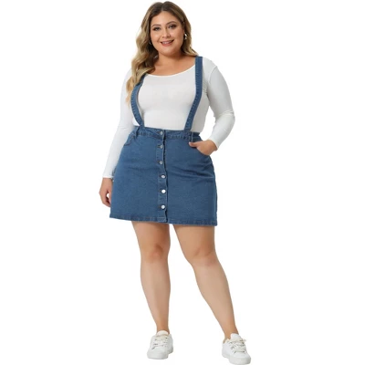Agnes Orinda Women's Plus Size Suspender Adjustable Strap Cross Back Mini A-Line Denim Skirts - Image 2