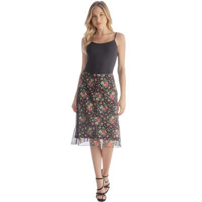 Womens Knee Length Elastic Waist Black Floral Pattern Skirt - Image 7