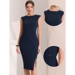 Allegra K Women's Round Neck Sheath Dress Slim Fit Sleeveless Split Work Pencil Dresses