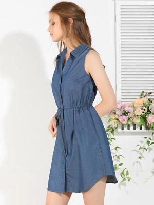Allegra K Women's Collar Button Down Tie Waist Above Knee Chambray Shirt Dress - Image 3