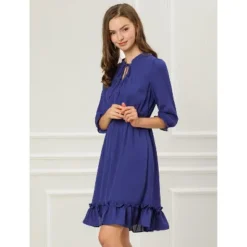 Allegra K Women's Ruffle Hem 3/4 Sleeve A-Line Smocked Short Chiffon Dress