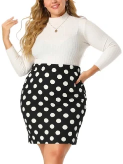 Agnes Orinda Women's Plus Size Polka Dots Elastic Waist Bodycon Skirts