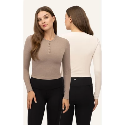 Yogalicious Womens 2 Pack Velvety Heather Valentina Long Sleeve Henley Crop Top - Image 5