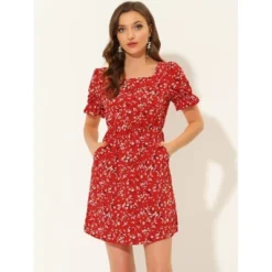 Allegra K Women's Causal Square Neck Elastic Waist Pocket Mini Floral Puff Sleeve Dress