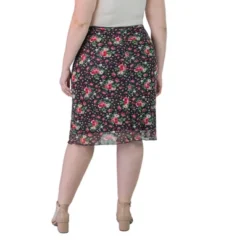 Plus Size Knee-Length Elastic Waist With A Sheer Floral Overlay Skirt