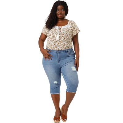 Agnes Orinda Women's Plus Size Capri Ripped Slash Pocket Raw Hem Denim Jeans - Image 3