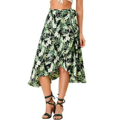 Allegra K Women's Tie Waist Hawaiian Tropical Floral Wrap Midi Skirt - Image 5