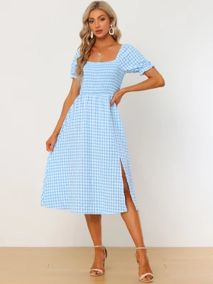 Allegra K Women's Casual Smocked Front Tie Back Checks Gingham Midi Dresses - Image 4