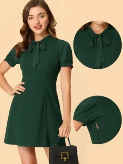Allegra K Women's Bow Tie Keyhole Neck Puff Sleeve Elegant Work Dress