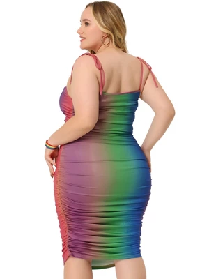 Agnes Orinda Women's Plus Size Rainbow Tie Shoulder Gathering Bodycon Midi Dress - Image 3