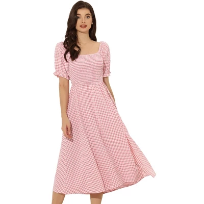 Allegra K Women's Casual Smocked Front Tie Back Checks Gingham Midi Dresses - Image 6