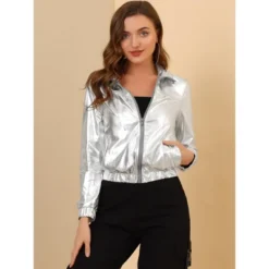 Allegra K Women's Track Holographic Shiny Long Sleeve Metallic Zip Front Jacket