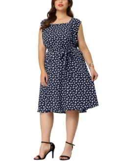 Agnes Orinda Women's Plus Size Self Tie Waist Sleeveless Floral Midi Dress