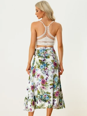 Allegra K Women's Tropical Floral Print Ruffle Self Tie Knot Split Beach Wrap Midi Skirt - Image 3