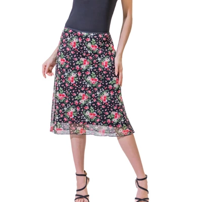 Womens Knee Length Elastic Waist Black Floral Pattern Skirt - Image 4