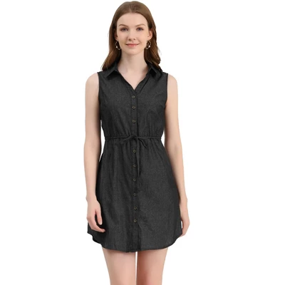 Allegra K Women's Collar Button Down Tie Waist Above Knee Chambray Shirt Dress - Image 9