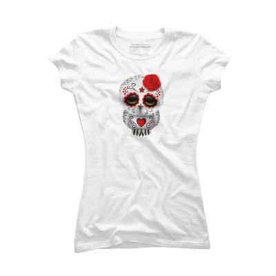 Junior's Design By Humans Cute Red Day Of The Dead Sugar Skull Owl By Jeffbartels T-Shirt - Image 6
