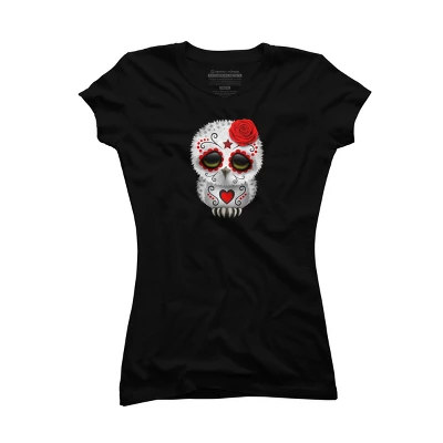 Junior's Design By Humans Cute Red Day Of The Dead Sugar Skull Owl By Jeffbartels T-Shirt - Image 3