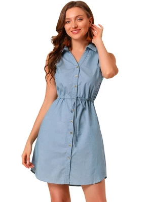 Allegra K Women's Collar Button Down Tie Waist Above Knee Chambray Shirt Dress - Image 7